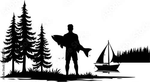 Fisherman Holding Up Big Catch Lake Silhouette