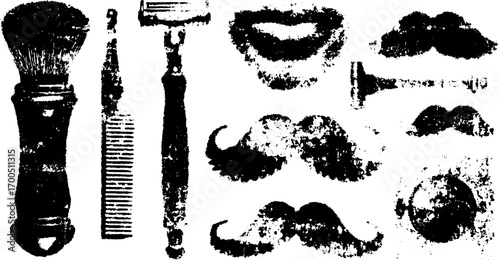 Barber tools set in vintage line drawing style. Includes brush, razor, and comb in black and white vector illustration.