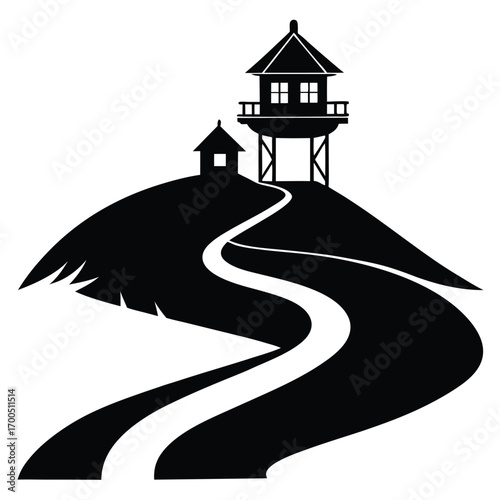 Silhouette of Pagodas on Hills with Winding Path Leading to the Top