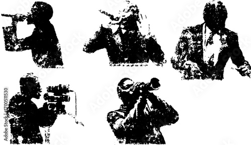 Silhouettes of men performing with microphones in vector style. Vintage illustration set showcasing musicians in various poses.