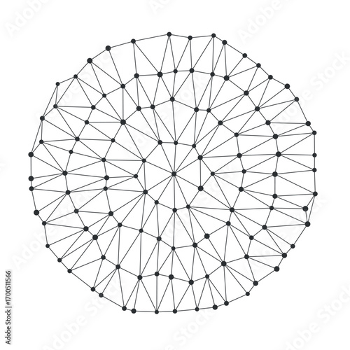 Abstract geometric network pattern with interconnected lines and dots forming a circular diamond facet structure perfect for science, technology, or modern backgrounds isolated on white background.
