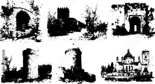 Engravings of vintage architecture including buildings and towers. Detailed black and white set vector illustration capturing historical scenery.