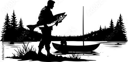 Fisherman Holding Up Big Catch Lake Silhouette