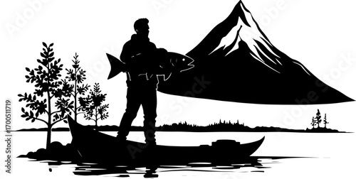 Fisherman Holding Up Big Catch Lake Silhouette