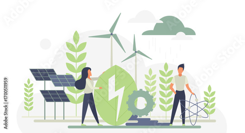 Eco-friendly energy sources like wind turbines and solar panels with people supporting sustainable technology for clean power and environmental conservation isolated vector illustration