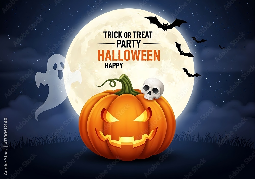 Fototapeta premium Spooky halloween night with jack o lantern full moon and bats