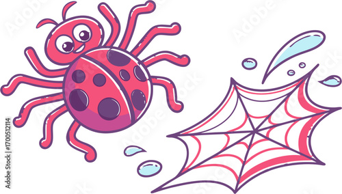 A cute cartoon ladybug spider near its web.