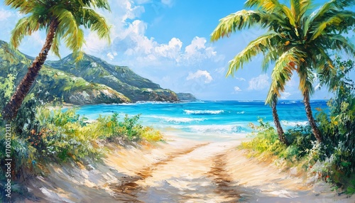 A sandy path bordered by lush vegetation leads to a secluded beach with turquoise water lapping gently against the shore, framed by palm trees under a vibrant sky.