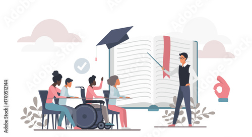 Teacher instructing diverse students including wheelchair user accessible classroom setting open book graduation cap symbolize learning achievement isolated white background vector illustration.