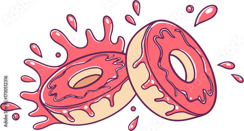 Two delicious pink-frosted donuts with splashes of glaze, depicted in a fun, cartoonish style.
