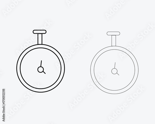 Two black line art icons of a pocket watch on a light gray background stopwatch timer