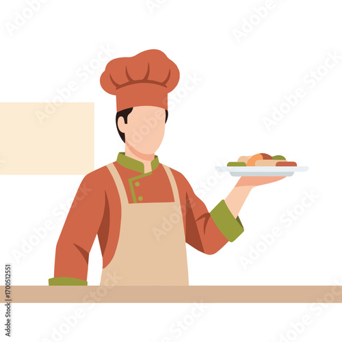 A chef in uniform presents a plate of food, showcasing culinary expertise and professional service.