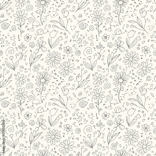 Delicate floral pattern with daisies, tulips, and whimsical doodles on light background, patern seamless, Stock royalty.