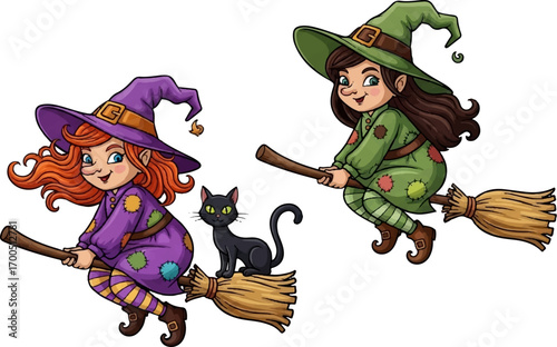 Cute Halloween Witches Flying on Broomsticks with Black Cat