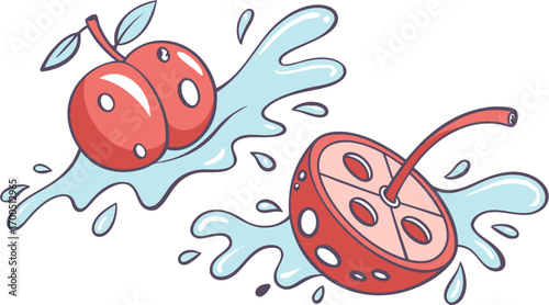 Two cherries with splashing water, one whole and one sliced.