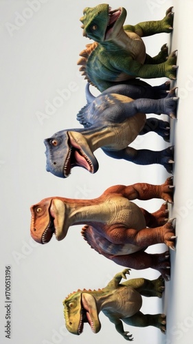 A Colorful Quartet of 3D Dinosaurs in a Vertical Ascent on a Stark White Wall