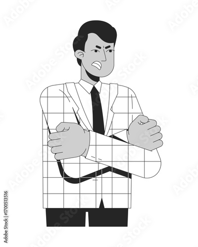 Angry indian male attorney in checkered blazer with arms crossed 2D line character. Frustrated lawyer man in corporate anger isolated vector ink outline person. Monochromatic spot illustration