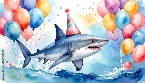 Watercolor shark with party hat and balloons