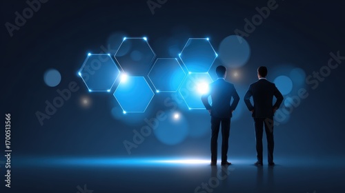 Business teamwork and innovation concept, flat minimal icons, glowing futuristic abstract patterns