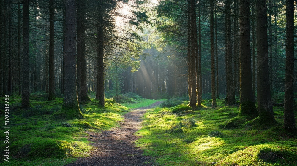 Obraz premium Sunbeams through a mossy forest path