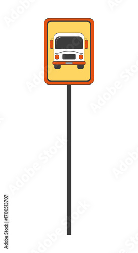 Bus stop sign on black pole 2D doodle object. Road sign busstop transit. Public transportation pickup point cartoon element flat vector clipart isolated on white background. Hand drawn illustration