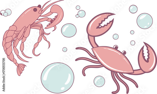 Pink lobster and crab illustration with bubbles.