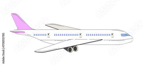 Side view of commercial airplane 2D doodle object. Modern air travel and aviation. Aircraft sideview cartoon element flat vector clipart isolated on white background. Hand drawn illustration