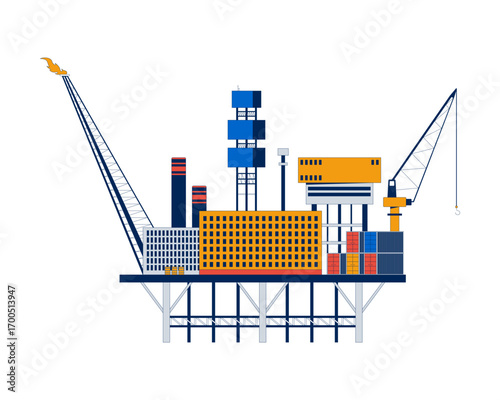 Offshore oil rig platform with equipment 2D cartoon object. Energy industry. Crane, towers, containers stack, modular buildings isolated element flat vector clip art on white. Spot illustration