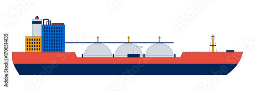 LNG tanker ship 2D cartoon object. Liquefied natural gas carrier marine transport with spherical storage tanks and industrial modules isolated element flat vector clip art on white. Spot illustration
