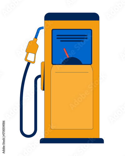 Fuel pump dispenser for gasoline and diesel 2D cartoon object. Petrol station. Gas refueling equipment with nozzle and digital gauge isolated element flat vector clip art on white. Spot illustration