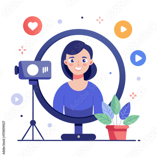 Content Creation and Connection: A young woman uses a ring light setup with camera in front of her and surrounded by symbols that is focused on creating an engaging video
