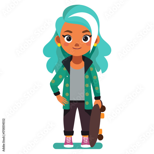 Stylish Skater Girl: A modern, animated illustration of a vibrant skater girl, embodying cool confidence, posing with her skateboard. This image is perfect for conveying youthfulness, fashion.