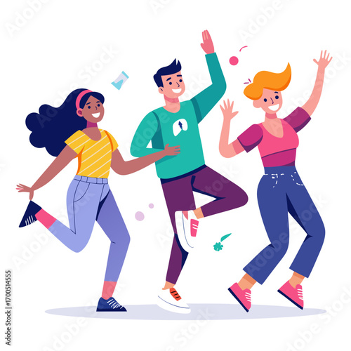 Dancing Joy: Three individuals, their forms outlined with bold graphic precision, are caught in the jubilant flow of dance, expressing unbridled delight.