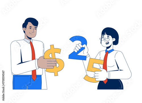Pricing strategy and decision-making 2D illustration concept. Retail economics negotiation. Businesses calculating product prices cartoon characters isolated on white. Flat abstract vector metaphor