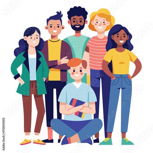United Front: A diverse ensemble of individuals, unified in purpose, stand together, representing harmony and solidarity.