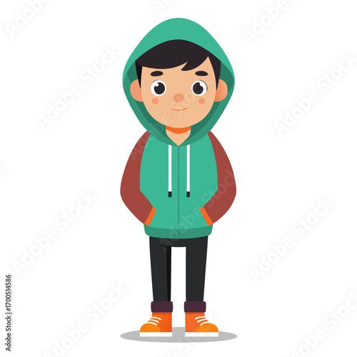 Young Person in a Hoodie: A cheerful cartoon figure, portrayed as a young person with a pleasant appearance, donning a vivid green hoodie, standing confidently.