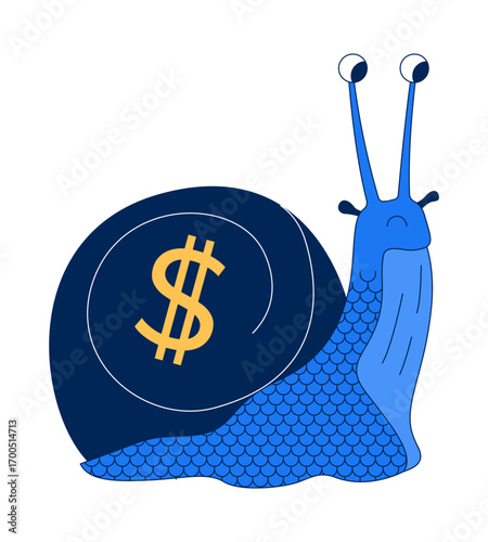 Slow economy 2D illustration concept. Snail with dollar shell. Economic slowdown. Financial stagnation. Sluggish mollusk crawling cartoon character isolated on white. Flat abstract vector metaphor
