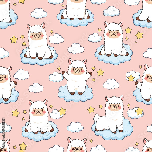 Cute cartoon alpacas on clouds and stars in a pastel pink seamless pattern, patern seamless, Stock royalty image.