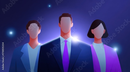 Business teamwork and success illustration, flat minimal icons, digital glowing abstract futuristic background