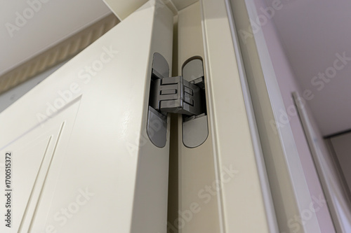 close-up shot of a modern, hidden door hinge installed in a white doorframe. The hinge is gray and flush with the door when closed