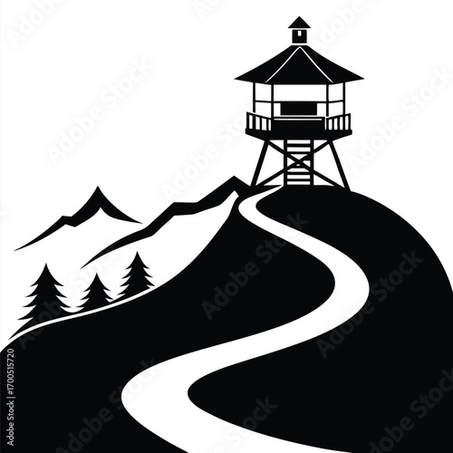 Black and White Silhouette Illustration of a Lookout Tower on a Mountain Top