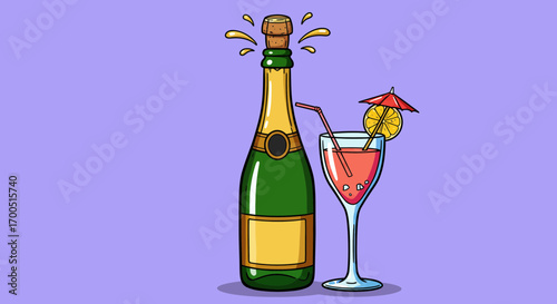 Celebration with champagne bottle popping and cocktail in glass cartoon style