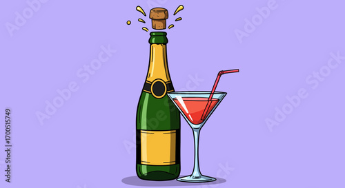 Celebration ready illustration of champagne bottle and cocktail against light background