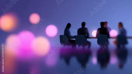 Professional meeting, flat minimal digital illustration, business office, glowing abstract futuristic background