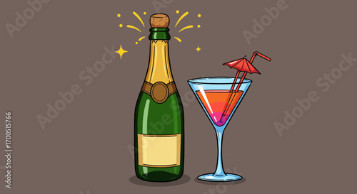 Festive Celebration with Champagne Bottle and Cocktail Illustration Style Graphic