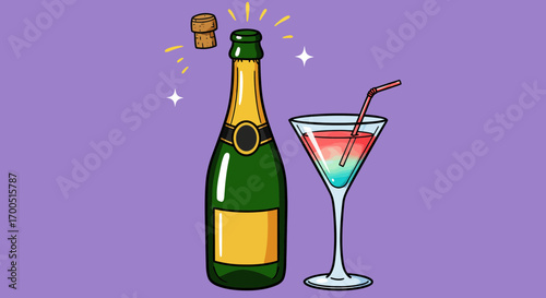Celebration Illustration: Champagne Bottle Popping with Cocktail on Lilac Background