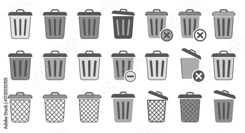 Diverse collection of stylized trash can icons for deletion and recycling concepts