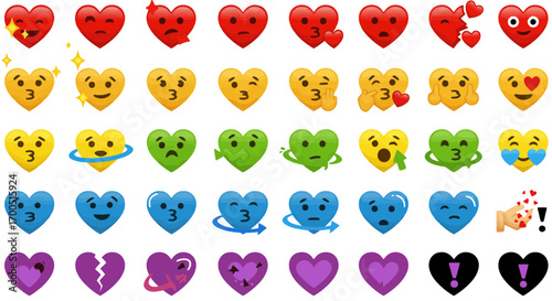 Diverse collection of heart-shaped emoji icons expressing various emotions and feelings