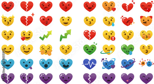 Diverse collection of heart-shaped emojis expressing varied emotions and concepts