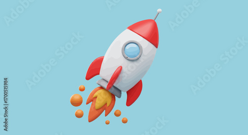 Cartoon Rocket Launching with Flames on Blue Background, Representing Start Up